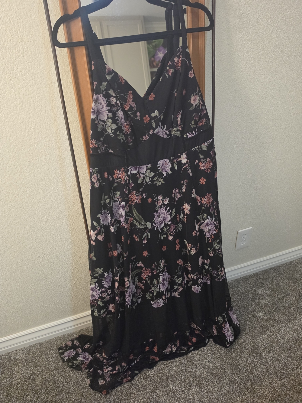 Torrid Floral V-Neck Black Maxi Dress with Purple & Pink Blooms